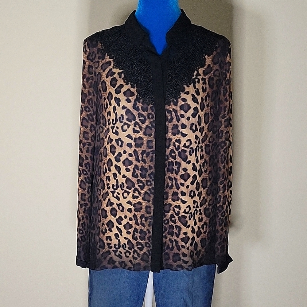 Elie Tahari silk sheer leopard and lace blouse S
